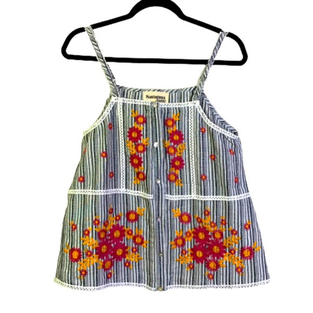 SAVANNA JANE Black & White Stripe Embroidered Floral Tank Top - NWT